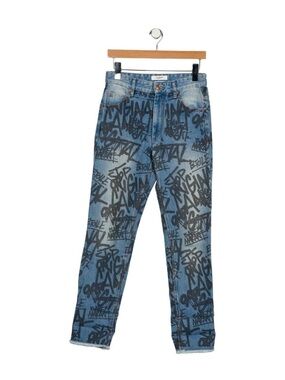Isabel Marant Blue Denim Skinny Jeans with Black Graffiti Print
